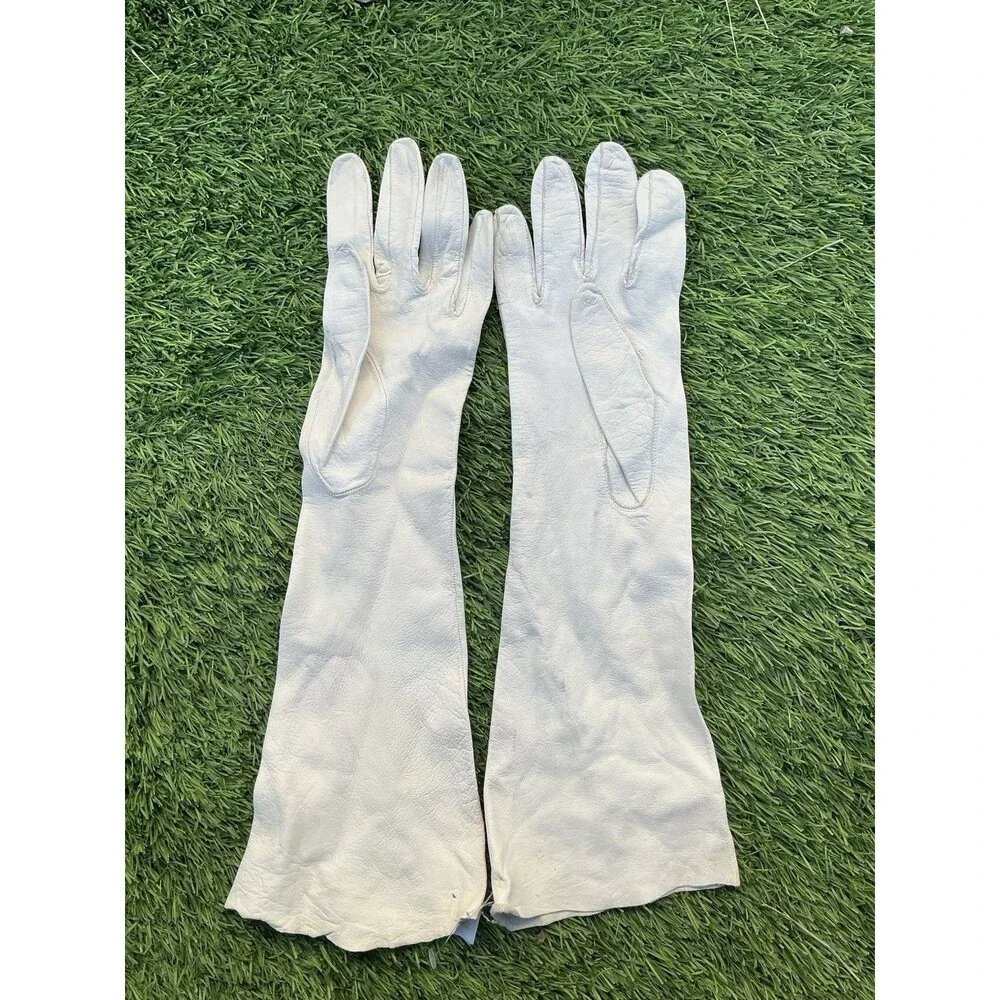 Vintage White Leather Opera Gloves Size 7.5 Long Formal Evening Bridal Pair